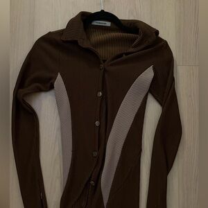 Brown ribbed knit button-detail two-piece set